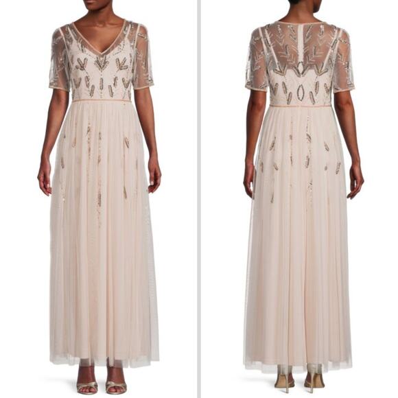 NWT ADRIANNA PAPELL DRESS GOWN SEQUIN BEADED EMBELLISHED PINK SHEER TULLE MESH - Picture 1 of 15
